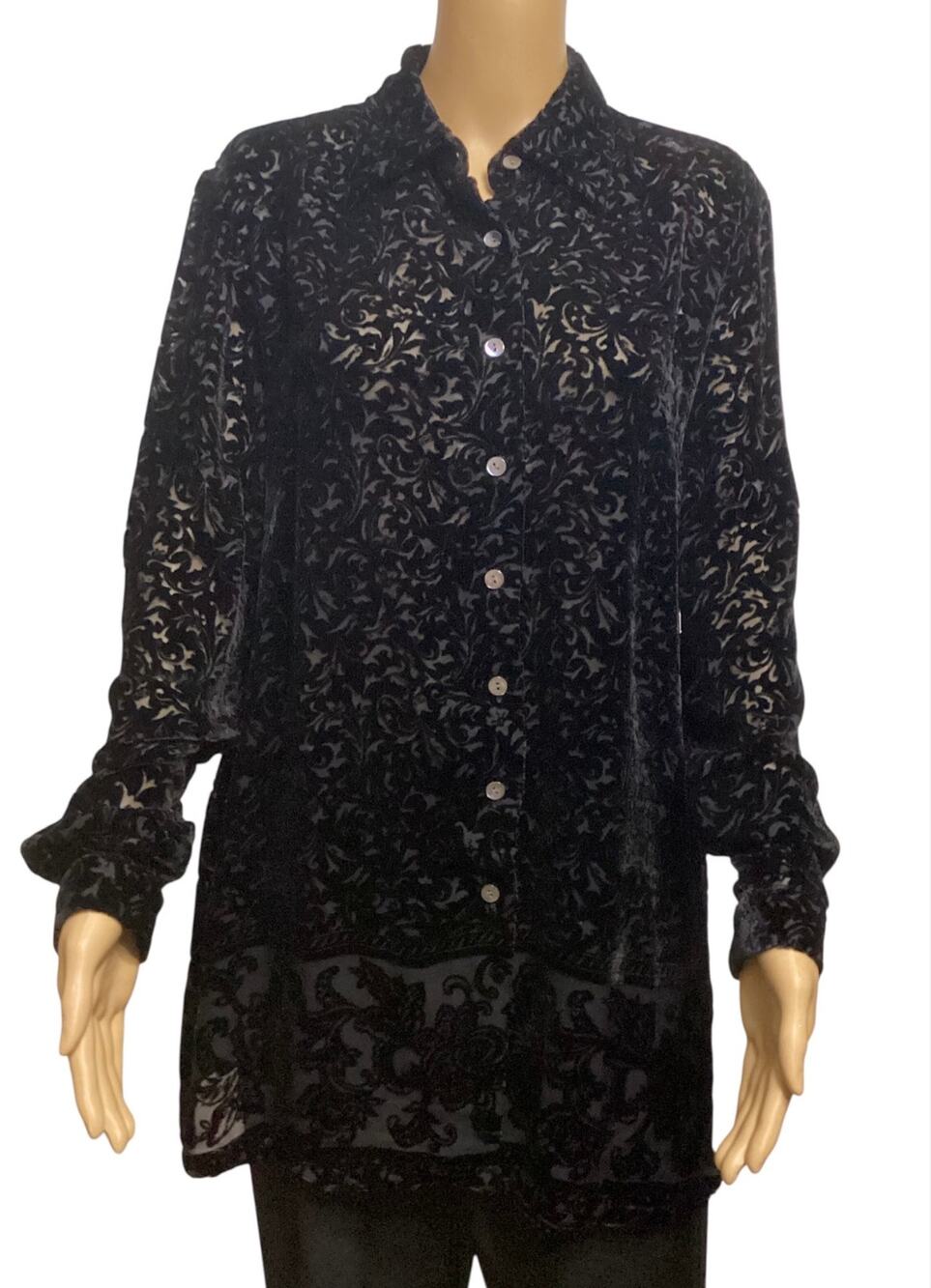 Vintage Mimi Maternity Black Burnout Velvet Floral Button Front Blouse Tunic L